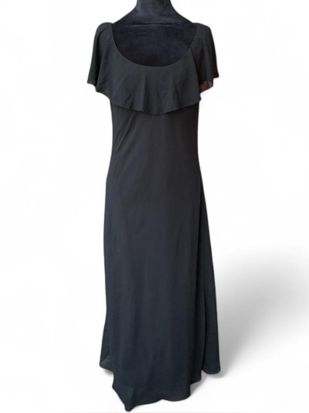 Dark Coquette Black Maxi Dress with Split Sleeve and Sheer Ruffle Overlay Collar